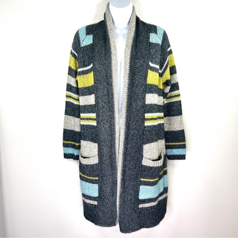 J.Jill Women's Gray Blue Green Striped Long Wrap Cardigan Sweater XS Duster NWOT